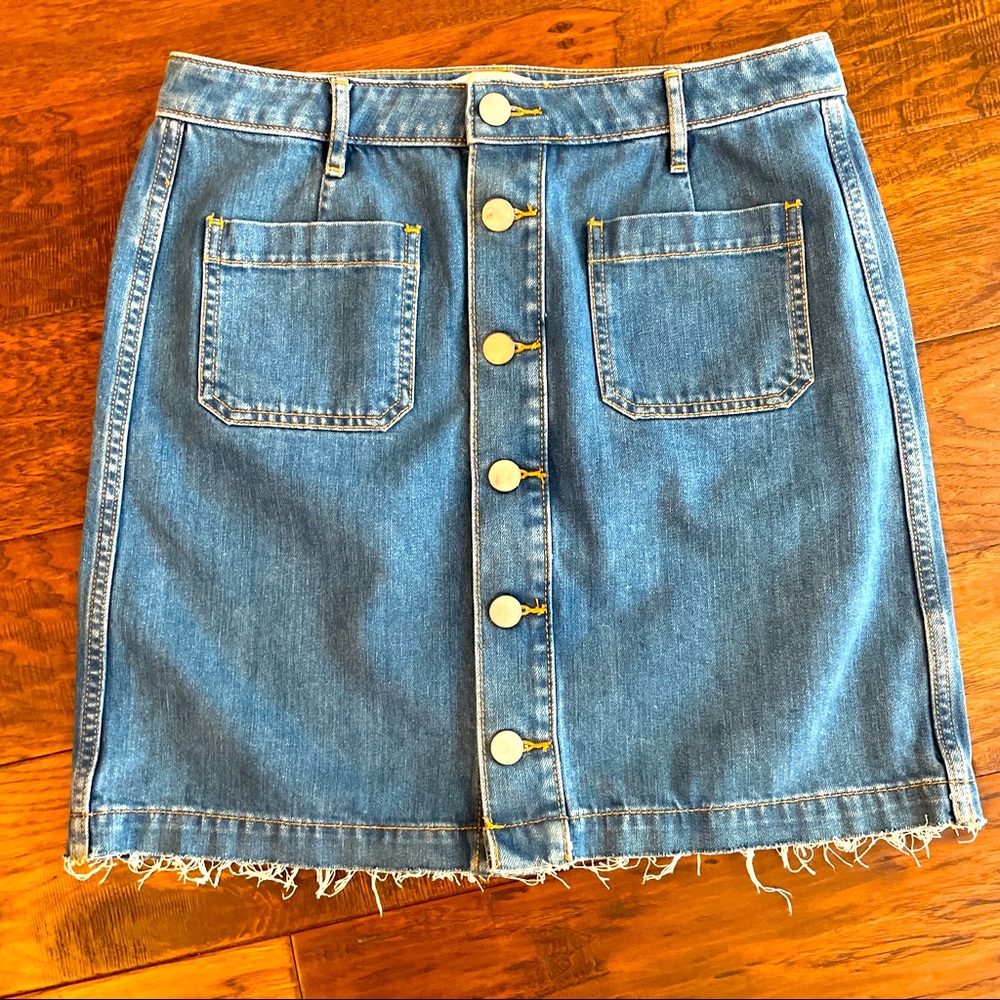 Loft - cute blue jean short skirt button front frayed edges